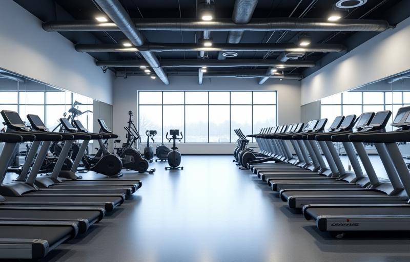 Spacious cardio machine area with treadmills and ellipticals