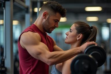 Personal trainer assisting client with weights